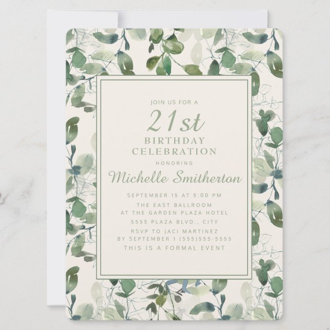 Elegant Green Eucalyptus Leaves 21st Birthday Invitation (Front)