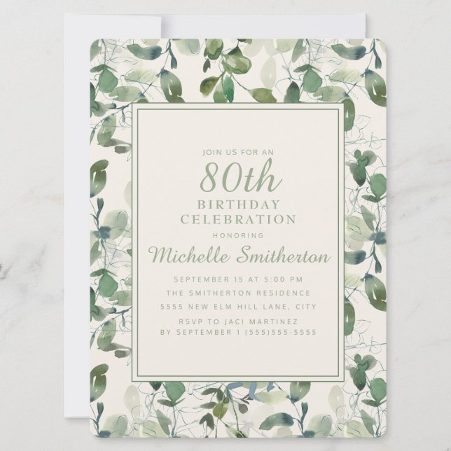 Elegant Green Eucalyptus Leaves 80th Birthday Invitation (Front)