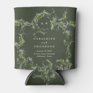 Elegant Green Eucalyptus Monogram Wedding Gift Can Cooler