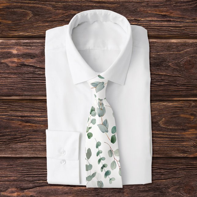 Elegant Green Eucalyptus Pattern Neck Tie (Close up)