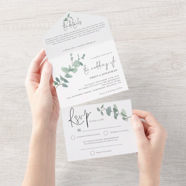 Elegant Green Eucalyptus Script Wedding All In One Invitation (Tearaway)