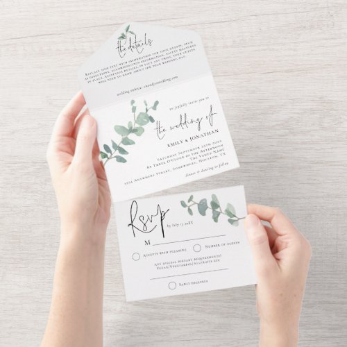 Elegant Green Eucalyptus Script Wedding All In One Invitation