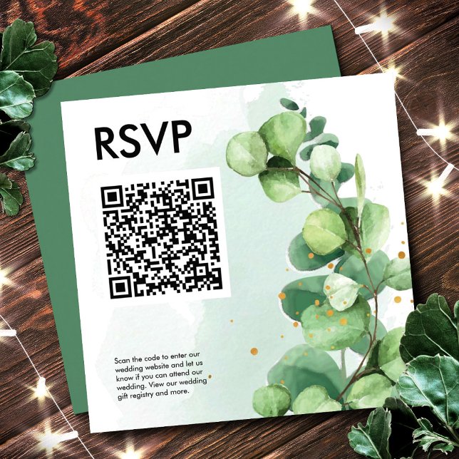 Elegant Green Eucalyptus Wedding RSVP QR Code Enclosure Card (Elegant Green Eucalyptus Wedding RSVP QR Code Enclosure Card, Custom QR Code)