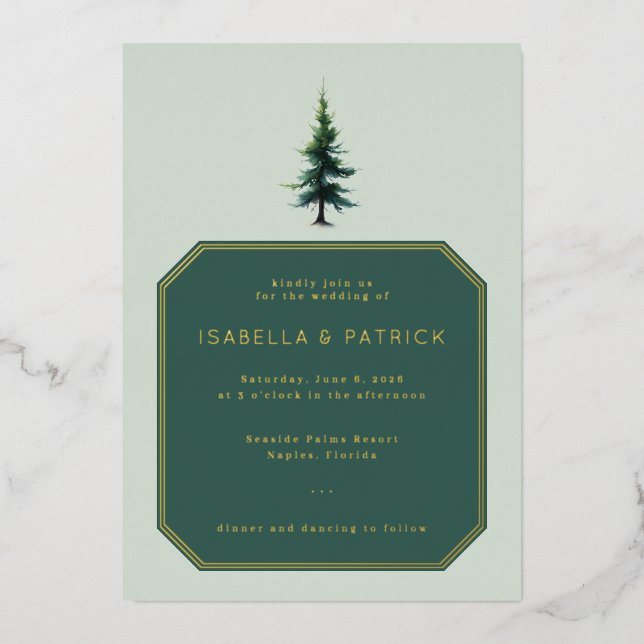Elegant Green Evergreen Tree Foil Invitation (Front)