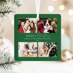 Elegant Green Family 4 Photo Collage Christmas Metal Ornament