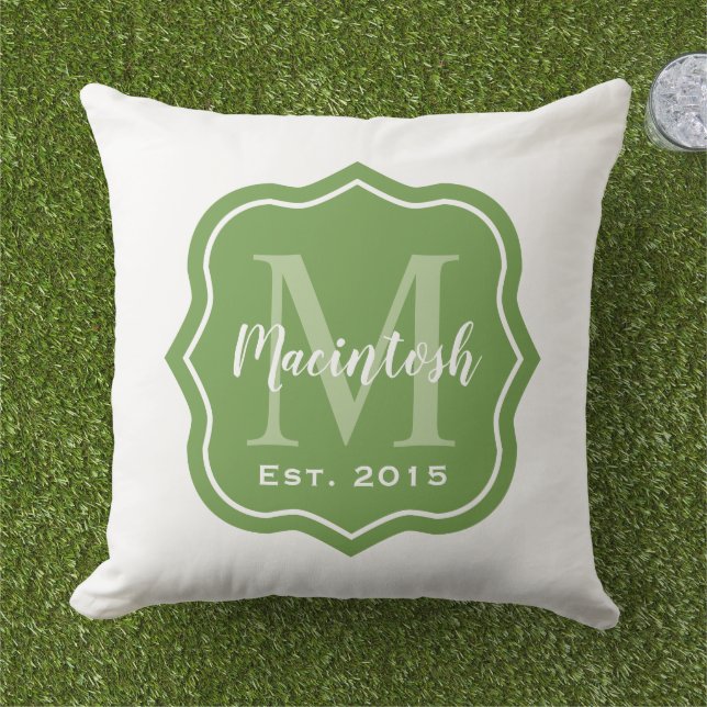 Elegant Green Family Monogram Initial Outdoor Pillow (Grass)