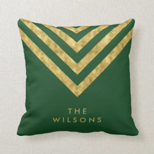 Elegant Green Family Name Chevron Pattern Throw Pillow