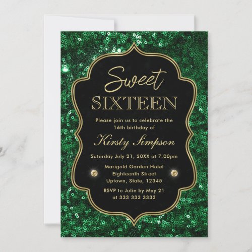 Elegant Green Faux Glitter  Gold Winter Sweet 16 Invitation