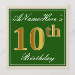 [ Thumbnail: Elegant, Green, Faux Gold 10th Birthday + Name Invitation ]