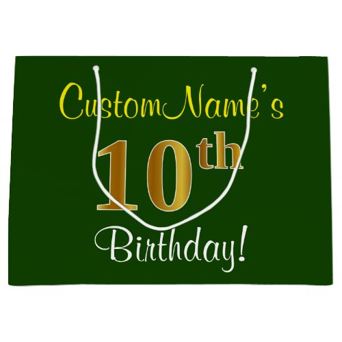 Elegant Green Faux Gold 10th Birthday  Name Large Gift Bag