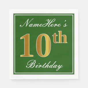 Elegant Green, Faux Gold 10th Birthday + Name Napkins