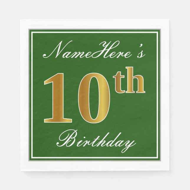 Elegant Green, Faux Gold 10th Birthday + Name Napkins (Front)
