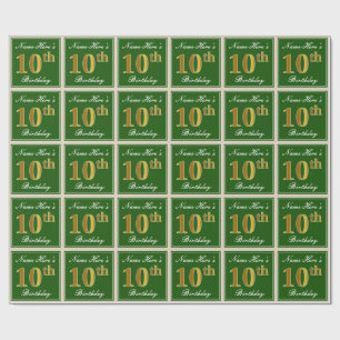 Elegant, Green, Faux Gold 10th Birthday + Name Wrapping Paper
