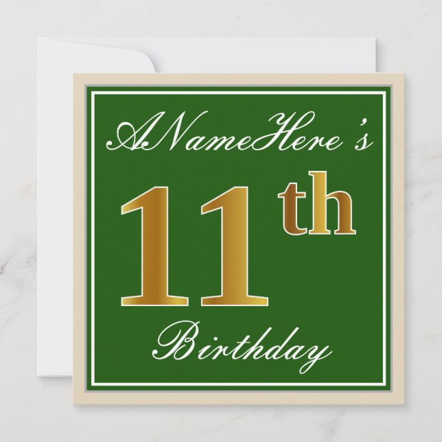 Elegant, Green, Faux Gold 11th Birthday + Name Invitation (Front)