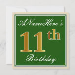 [ Thumbnail: Elegant, Green, Faux Gold 11th Birthday + Name Invitation ]