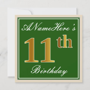 Elegant, Green, Faux Gold 11th Birthday + Name Invitation