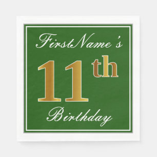 Elegant Green, Faux Gold 11th Birthday + Name Napkins