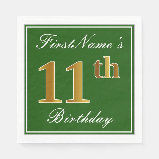 Elegant Green, Faux Gold 11th Birthday + Name Napkins (Front)