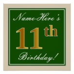 [ Thumbnail: Elegant, Green, Faux Gold 11th Birthday + Name Poster ]