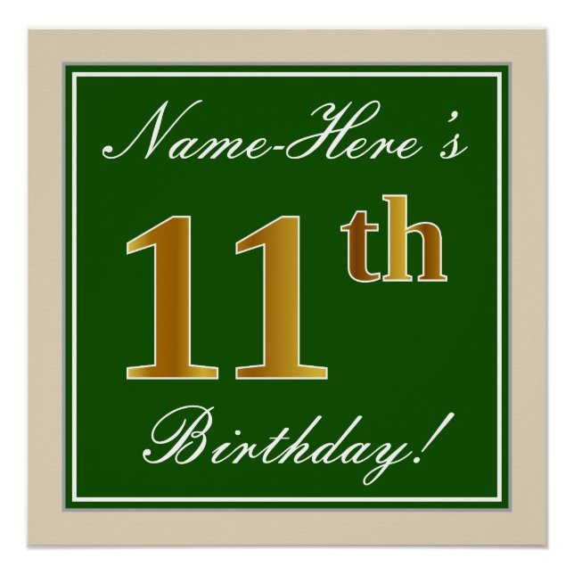 Elegant, Green, Faux Gold 11th Birthday + Name Poster (Front)
