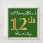 [ Thumbnail: Elegant, Green, Faux Gold 12th Birthday + Name Invitation ]