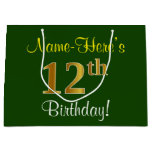 [ Thumbnail: Elegant, Green, Faux Gold 12th Birthday + Name Gift Bag ]