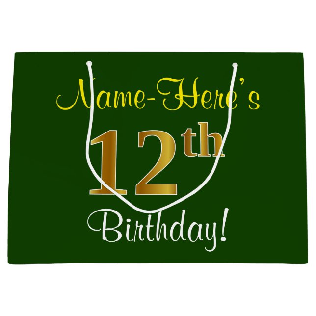 Elegant, Green, Faux Gold 12th Birthday + Name Large Gift Bag (Front)
