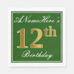 [ Thumbnail: Elegant Green, Faux Gold 12th Birthday + Name Napkin ]