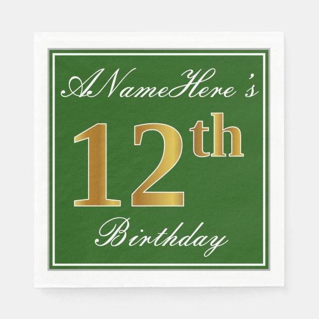 Elegant Green, Faux Gold 12th Birthday + Name Napkins (Front)