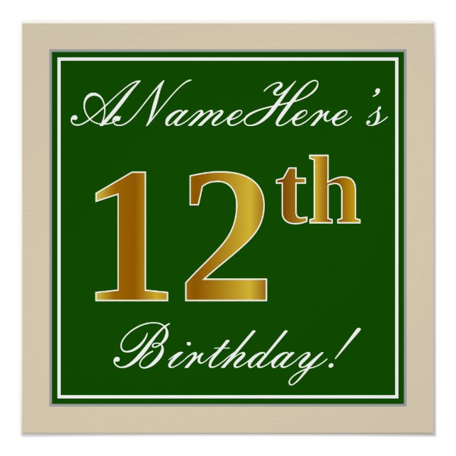Elegant, Green, Faux Gold 12th Birthday + Name Poster (Front)