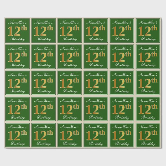 Elegant, Green, Faux Gold 12th Birthday + Name Wrapping Paper (Flat)