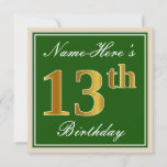 [ Thumbnail: Elegant, Green, Faux Gold 13th Birthday + Name Invitation ]