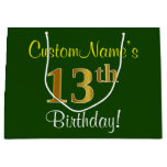 [ Thumbnail: Elegant, Green, Faux Gold 13th Birthday + Name Gift Bag ]