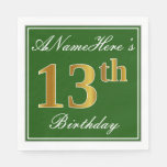 [ Thumbnail: Elegant Green, Faux Gold 13th Birthday + Name Paper Napkin ]