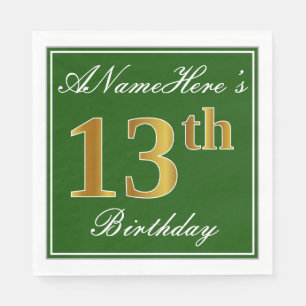 Elegant Green, Faux Gold 13th Birthday + Name Paper Napkins