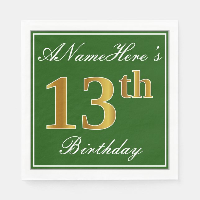 Elegant Green, Faux Gold 13th Birthday + Name Paper Napkins (Front)