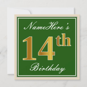 Elegant, Green, Faux Gold 14th Birthday + Name Invitation