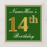 [ Thumbnail: Elegant, Green, Faux Gold 14th Birthday + Name Invitation ]