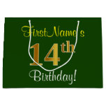 [ Thumbnail: Elegant, Green, Faux Gold 14th Birthday + Name Gift Bag ]