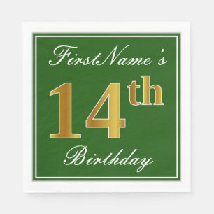 Elegant Green, Faux Gold 14th Birthday + Name Paper Napkins