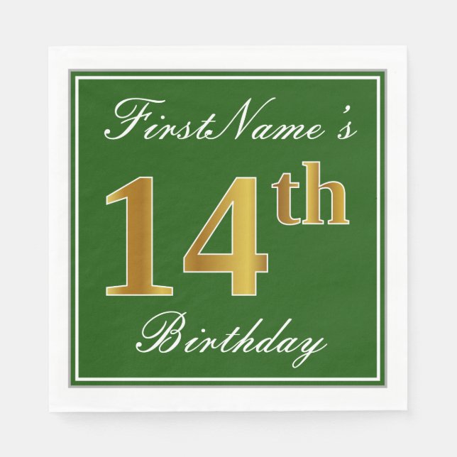 Elegant Green, Faux Gold 14th Birthday + Name Paper Napkins (Front)