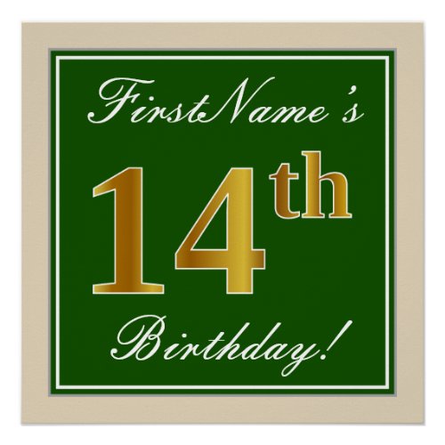 Elegant Green Faux Gold 14th Birthday  Name Poster