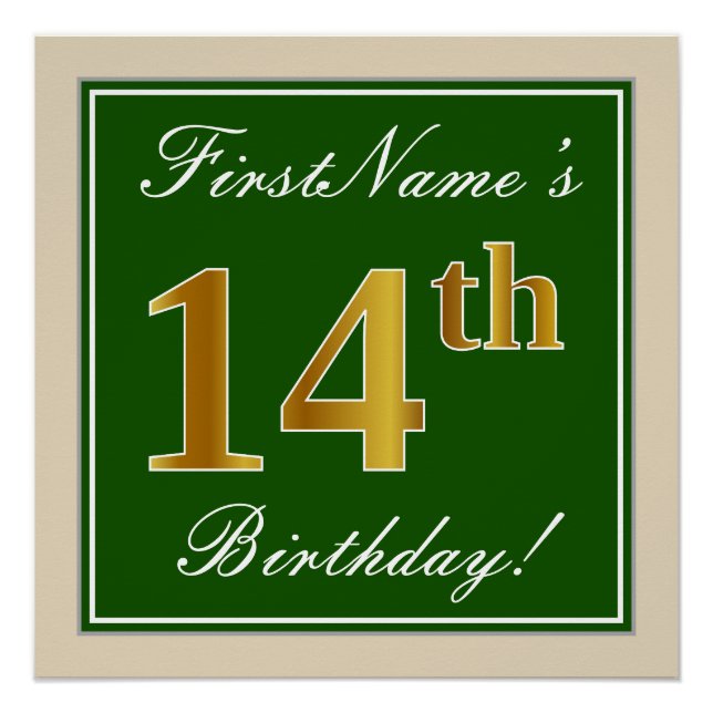 Elegant, Green, Faux Gold 14th Birthday + Name Poster (Front)