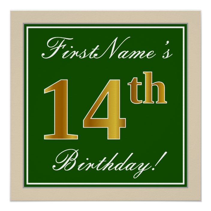 Elegant, Green, Faux Gold 14th Birthday + Name Poster | Zazzle.com