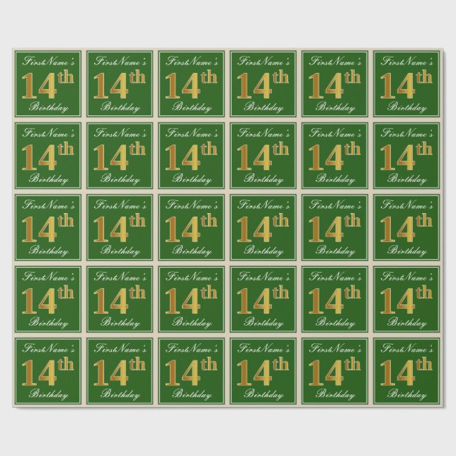 Elegant, Green, Faux Gold 14th Birthday + Name Wrapping Paper (Flat)