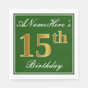 Elegant Green, Faux Gold 15th Birthday + Name Napkins
