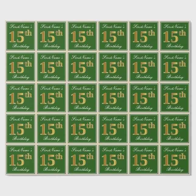 Elegant, Green, Faux Gold 15th Birthday + Name Wrapping Paper (Flat)