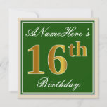 [ Thumbnail: Elegant, Green, Faux Gold 16th Birthday + Name Invitation ]