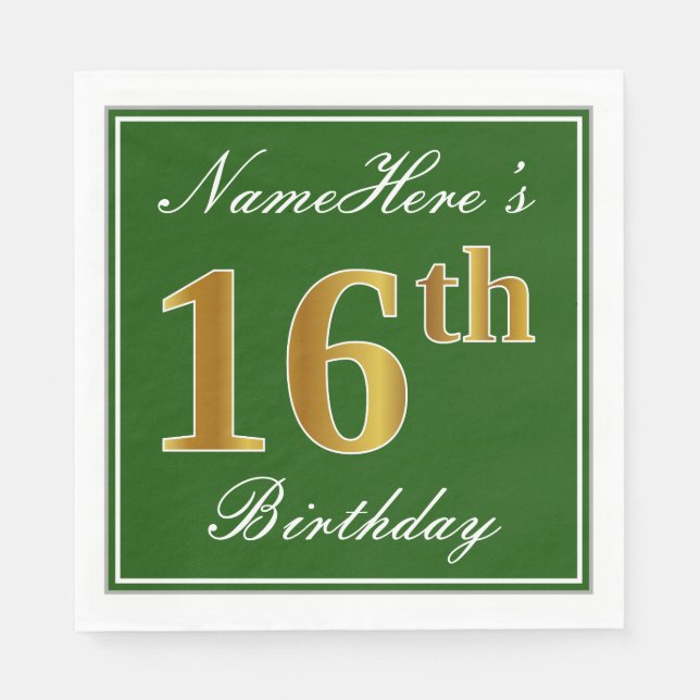 Elegant Green, Faux Gold 16th Birthday + Name Paper Napkins (Front)