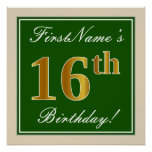 [ Thumbnail: Elegant, Green, Faux Gold 16th Birthday + Name Poster ]